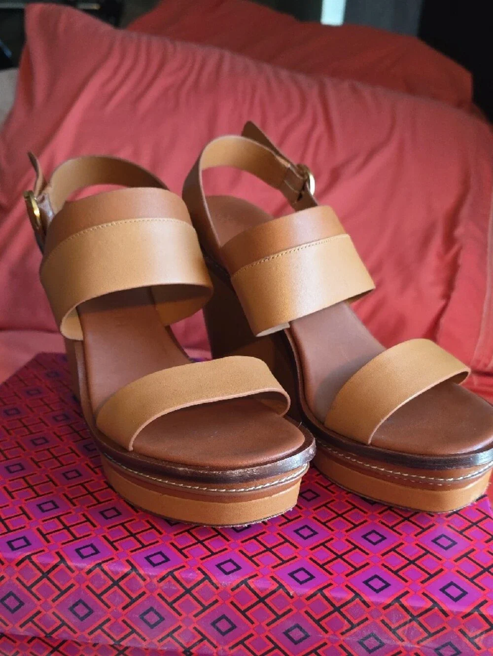 Tory Burch ~SELBY 120mm Selby Wedge Sandals Brown Camel Leather